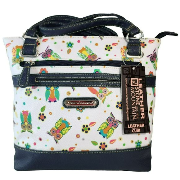 Stone Mountain Bonded Leather Printed Owls Megan Tote Shoulder Handbag 8 Pockets - Picture 6 of 16